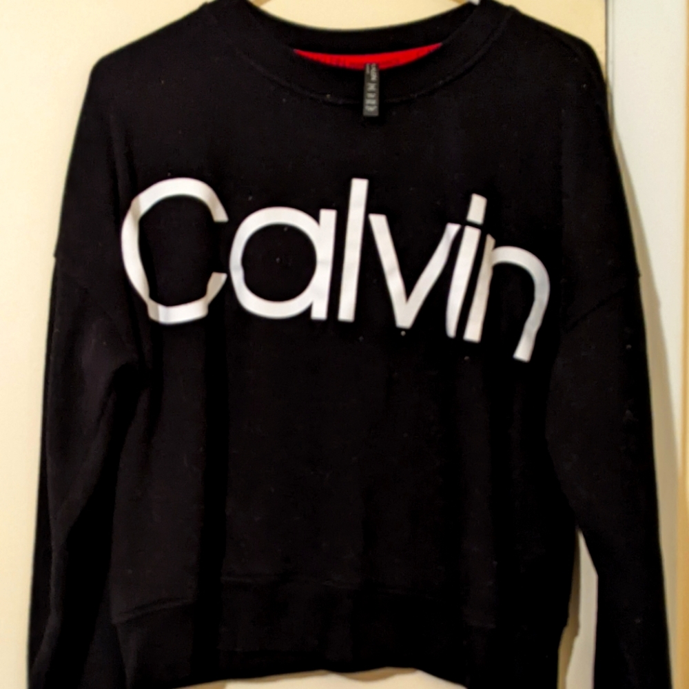 Calvin Klein Women’s Black White Long Sleeve Cropped Sweatshirt Size Large